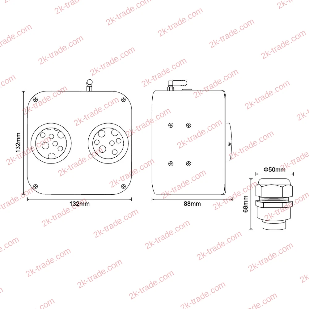Wymiary generatora RGB+CCT 30 W, 2 wyjścia: 132 × 88 × 132 mm – rysunek techniczny