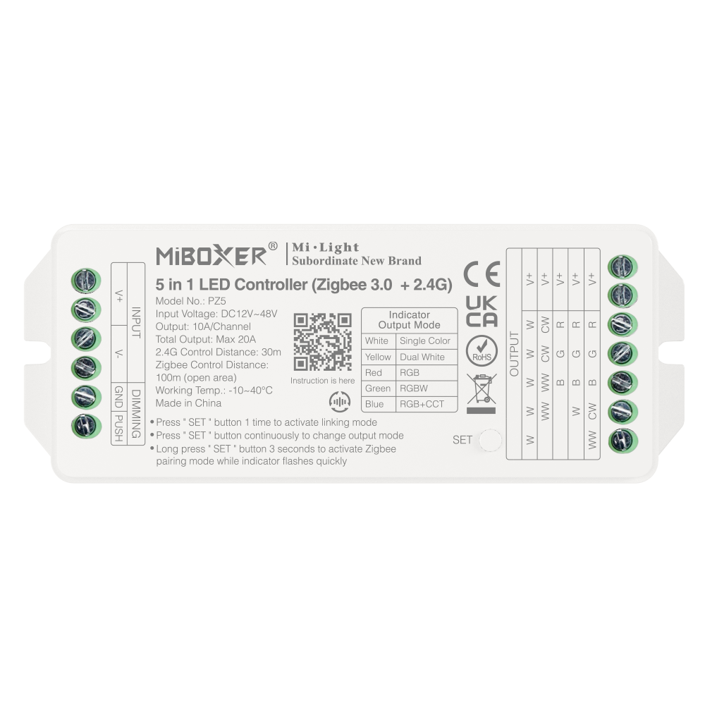 Контроллер LED Zigbee 3.0 Mi-Light PZ5 5 в 1 (RGB, RGBW, RGB+CCT, CCT, одноцветный), 20A