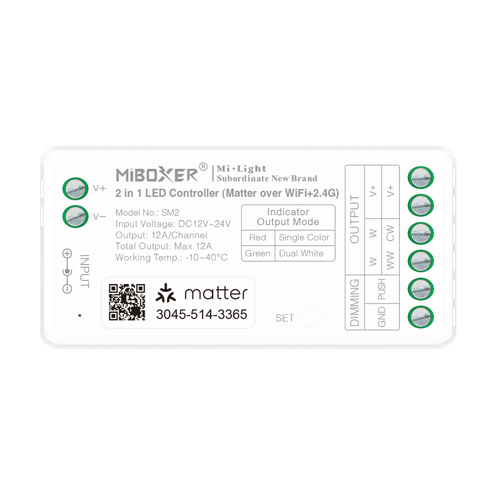 Контроллер LED Matter WiFi Mi-Light SM2 2 в 1 (одноцветный / CCT), 12A – вид сверху с QR-кодом Matter