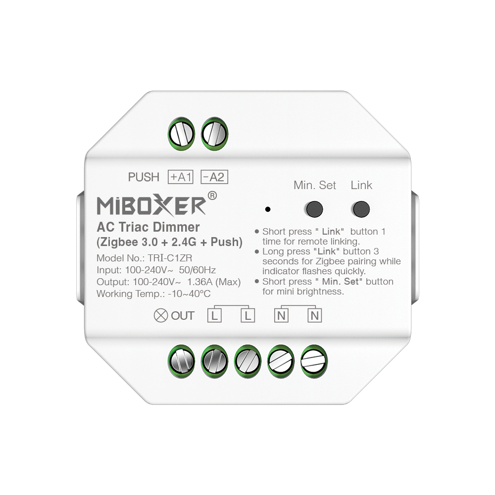 Симисторный диммер 230 В Zigbee 3.0 Mi-Light TRI-C1 ZR с приёмником 2.4G и входом PUSH, 300 Вт